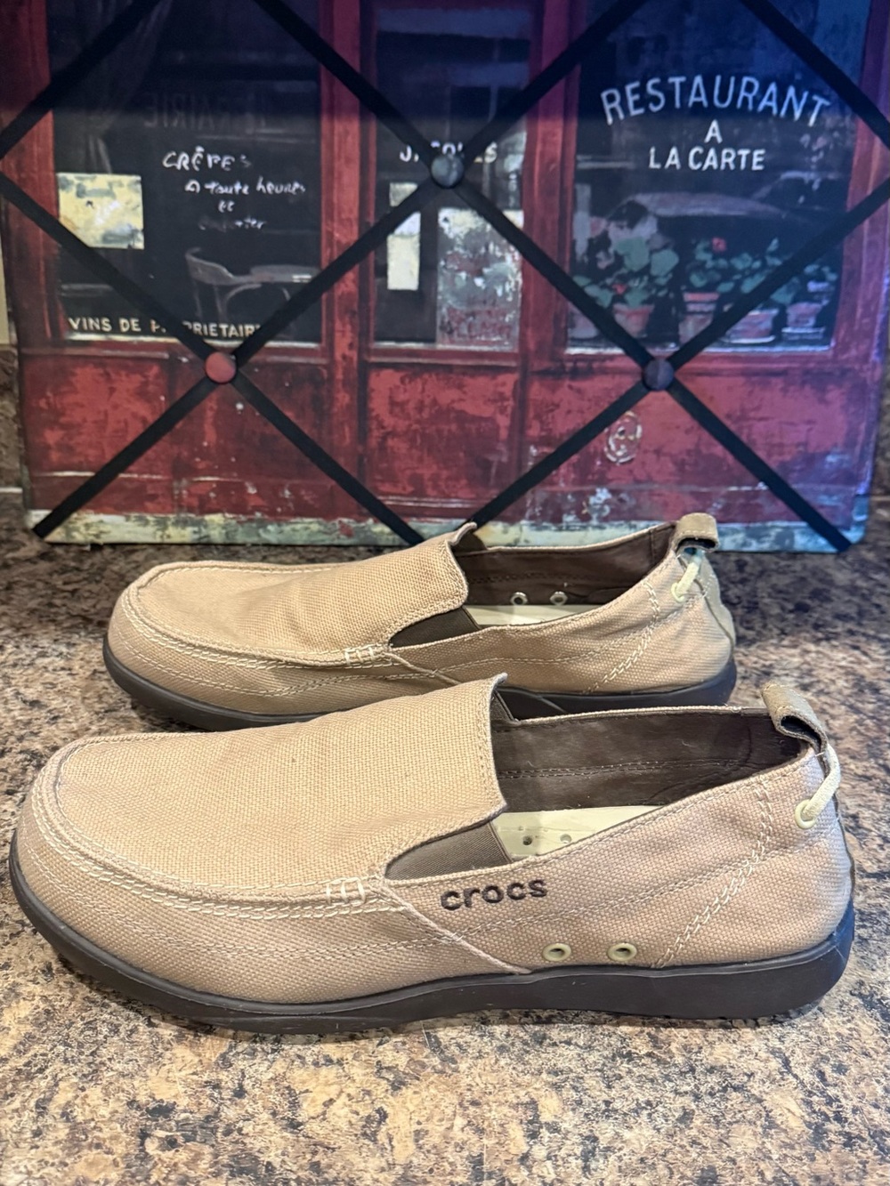 Crocs Men's Walu Beige Canvas Slip-On Loafers. Size 12. - Picture 3 of 7